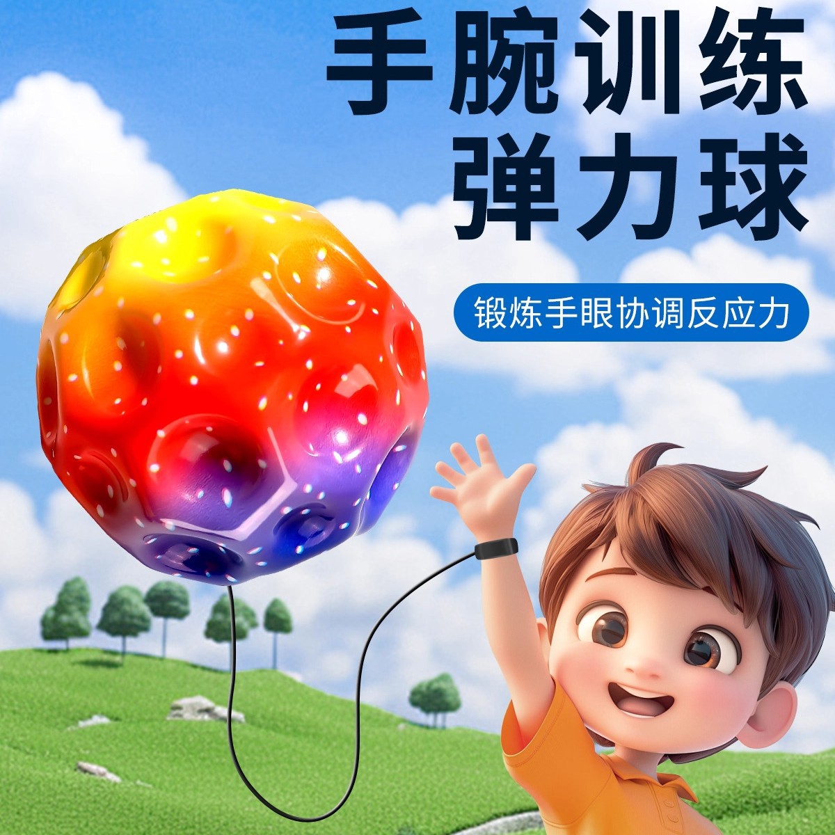 手腕弹力球带绳魔力球橡胶甩甩球儿童手抛球发光月球石锻炼反应力